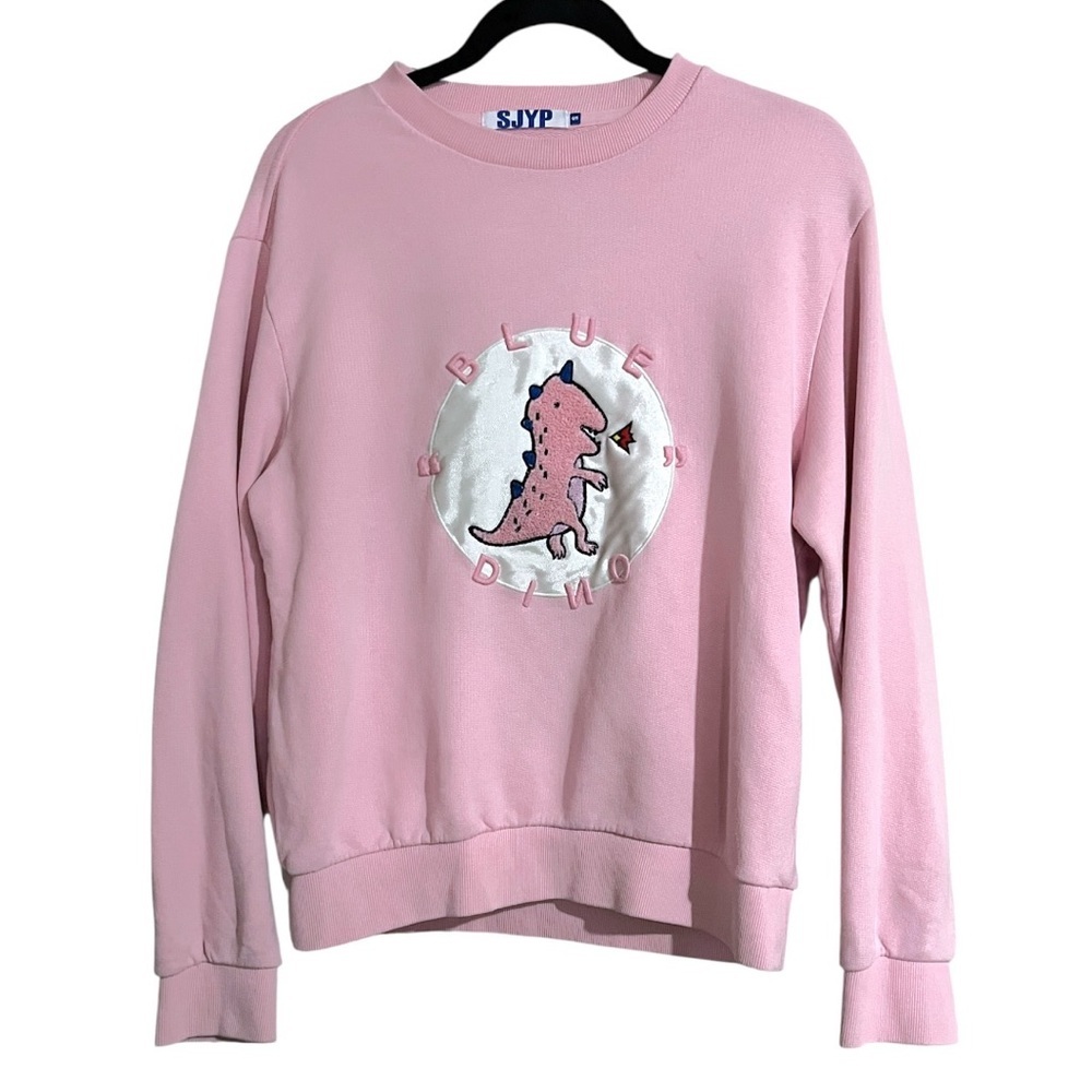 SJYP Korean Streetwear Dino Embroidered Patch Pink Crewneck Sweatshirt Small